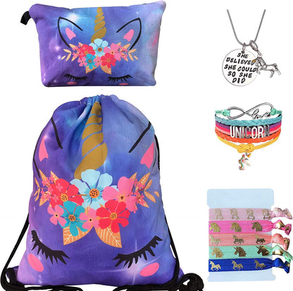 Unicorn Gifts for Girls - Unicorn Drawstring Backpack/Makeup Bag/Bracelet/Inspirational Necklace/Hair Ties (Flower Unicorn) Apparel & Accessories > Jewelry > Bracelets Doctor Unicorn Purple Unicorn  