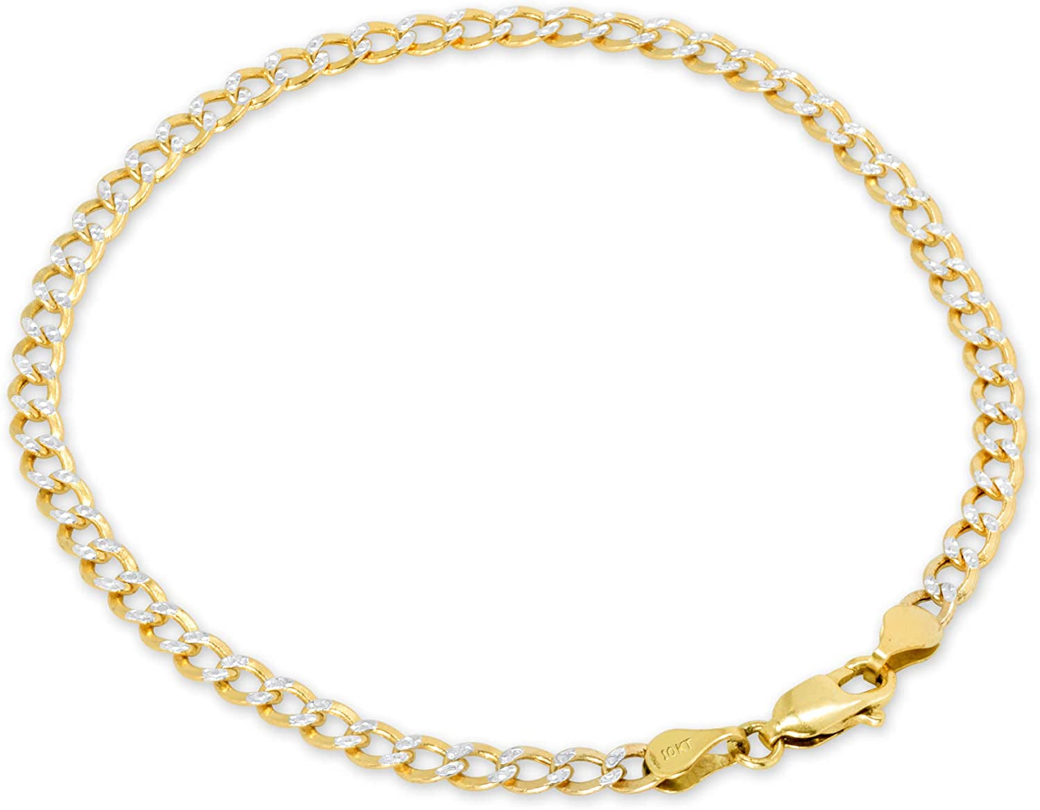 Nuragold 10K Yellow Gold 3.5Mm Cuban Chain Curb Link Diamond Cut Pave Two Tone Bracelet or Anklet, Womens Mens Lobster Clasp 7" 7.5" 8" 8.5" 9" Apparel & Accessories > Jewelry > Anklets NuraGold   