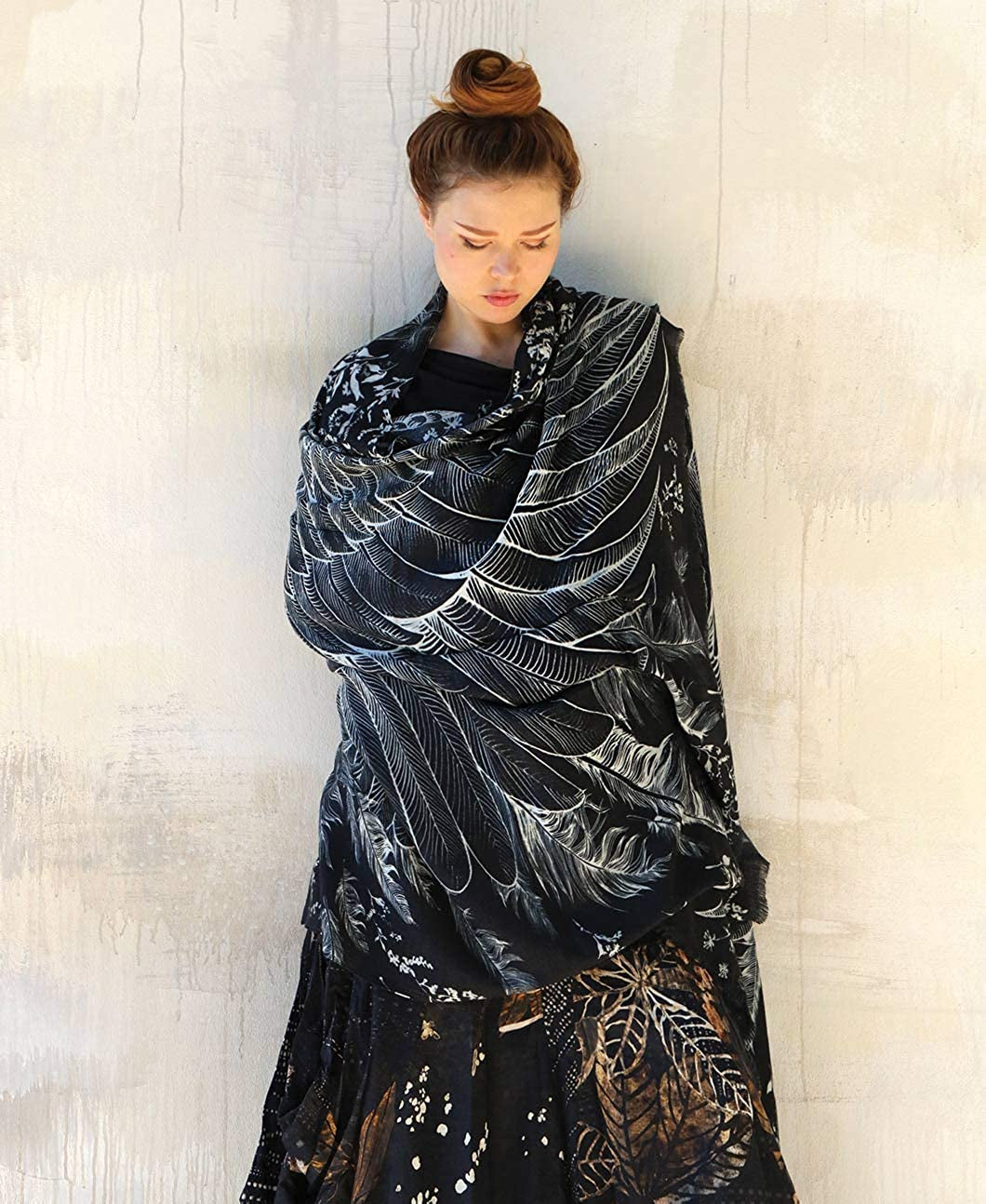 Bird Feathers Hand Painted & Printed Pure Cotton Shawl Scarf Apparel & Accessories > Clothing Accessories > Scarves & Shawls Shovava   
