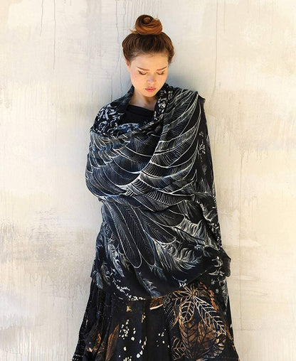Bird Feathers Hand Painted & Printed Pure Cotton Shawl Scarf Apparel & Accessories > Clothing Accessories > Scarves & Shawls Shovava   
