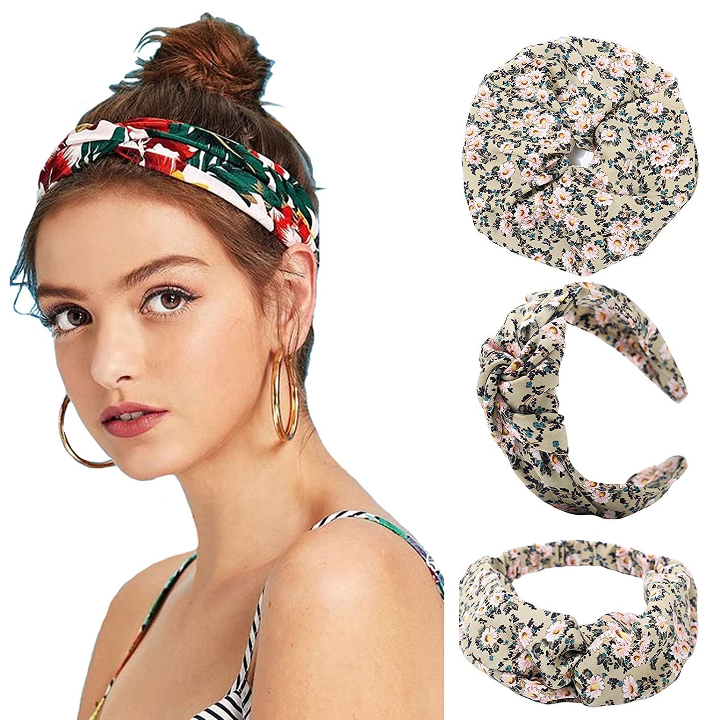 Floral Hair Scarf Headbands for Women - HAIMEIKANG Boho Hair Bandanas Scarf for Women Triangle Head Kerchief Solid Color Hair Bands Vintage Head Scarf (Beige+Yellow+Black) Apparel & Accessories > Clothing Accessories > Bandanas & Headties HAIMEIKANG Green  