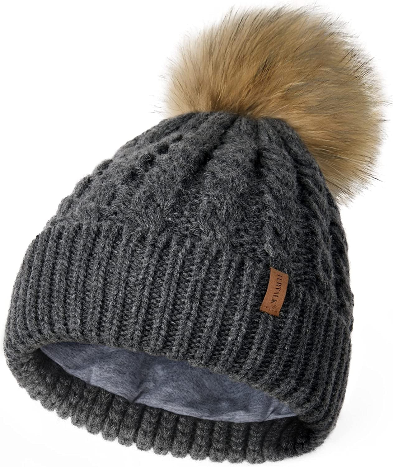 FURTALK Winter Beanie Hat for Women Cotton Lined Faux Fur Pom Pom Hats Womens Warm Thick Knit Skull Cap Apparel & Accessories > Clothing Accessories > Hats KYLIE MAX 06 Mixed Dark Grey One Size 