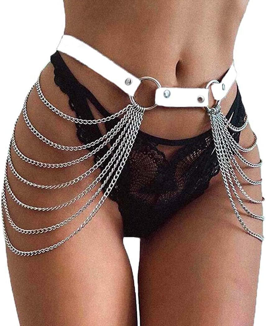 Victray Punk Black Waist Chain Belt Leather Layered Belly Body Chains Rave Body Jewelry Accessories for Women and Girls Apparel & Accessories > Jewelry > Body Jewelry Victray White  