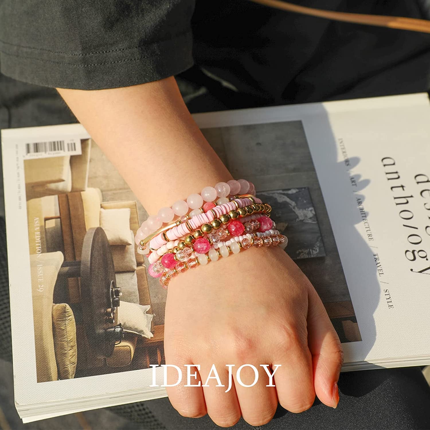 Bohemian Multi-Layer Beaded Stacking Pink Bracelets, 8 Pcs Versatile Strand Stretch Sparkly Crystal Beads Wrap Slip-On Cuff Bangle Set Apparel & Accessories > Jewelry > Bracelets IDEAJOY   