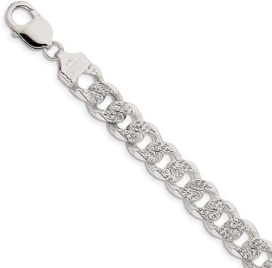 Solid 925 Sterling Silver 10.5Mm Pave Diamond Cut Curb Link Cuban Bracelet Apparel & Accessories > Jewelry > Anklets Sonia Jewels 8.0 Inches  
