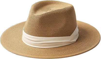 FURTALK Panama Hat Sun Hats for Women Men Wide Brim Fedora Straw Beach Hat UV UPF 50 Apparel & Accessories > Clothing Accessories > Hats KYLIE MAX Khaki+white Large 