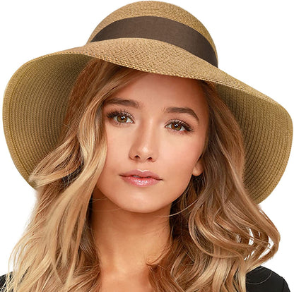 FURTALK Womens Beach Sun Straw Hat UV UPF50 Travel Foldable Brim Summer UV Hat Apparel & Accessories > Clothing Accessories > Hats KYLIE MAX Khaki-deep Coffee Medium 