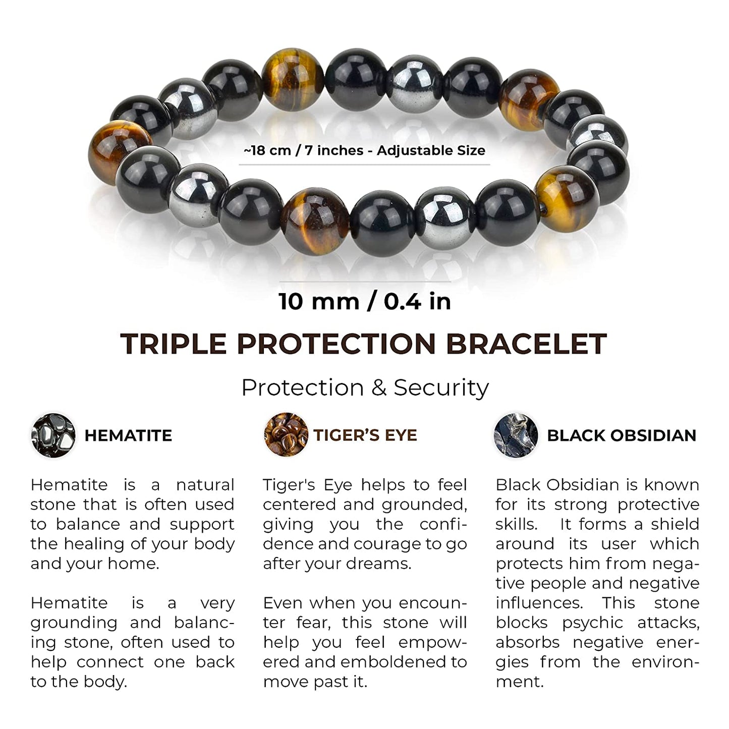 Triple Protection Bracelet - for Protection - Bring Luck and Prosperity - Hematite - Black Obsidian - Tiger Eye - Stone Bracelets Apparel & Accessories > Jewelry > Bracelets Crystal Agate Bracelets   