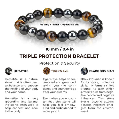 Triple Protection Bracelet - for Protection - Bring Luck and Prosperity - Hematite - Black Obsidian - Tiger Eye - Stone Bracelets Apparel & Accessories > Jewelry > Bracelets Crystal Agate Bracelets   