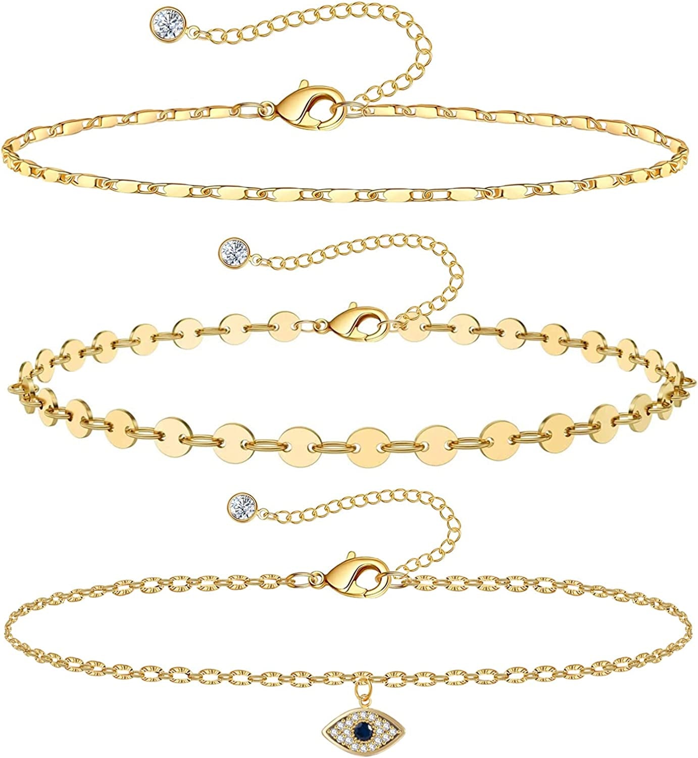 Gold Ankle Bracelets for Women 14K Gold Plated Anklet Silver Rose Gold Evil Eye Tennis Crystal Cubic Zirconia Faux Diamond Rhinestone Anklet Dainty Layered Anklet Set 3Pcs Apparel & Accessories > Jewelry > Anklets Vermeyen V-Yellow Gold Evil Eye  