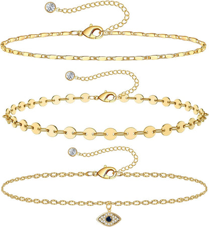 Gold Ankle Bracelets for Women 14K Gold Plated Anklet Silver Rose Gold Evil Eye Tennis Crystal Cubic Zirconia Faux Diamond Rhinestone Anklet Dainty Layered Anklet Set 3Pcs Apparel & Accessories > Jewelry > Anklets Vermeyen V-Yellow Gold Evil Eye  