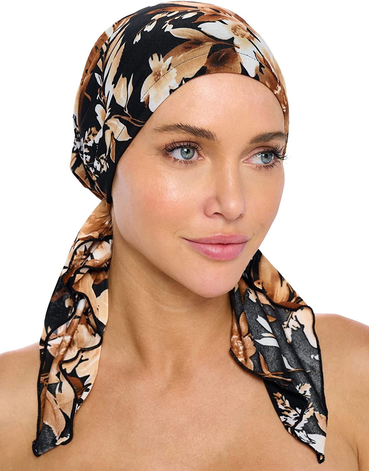 Ashford & Brooks Pre Tied Bandana Turban Chemo Head Scarf Sleep Hair Cover Hat Apparel & Accessories > Clothing Accessories > Bandanas & Headties Ashford & Brooks Floral Black/Tan One Size 