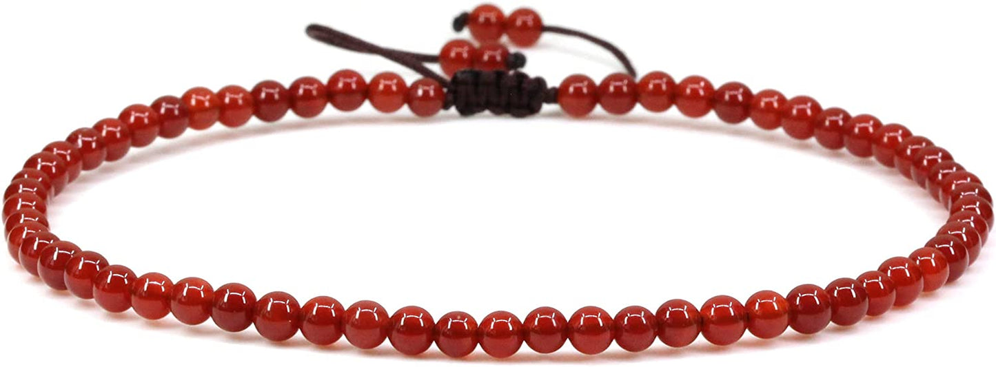 Keleny Natural Gemstone 4Mm round Bead Charm Stretch Anklet for Women Brown Rope Adjustable 8.6-11 Inch Apparel & Accessories > Jewelry > Anklets Kelenystones Dyed Red Agate  