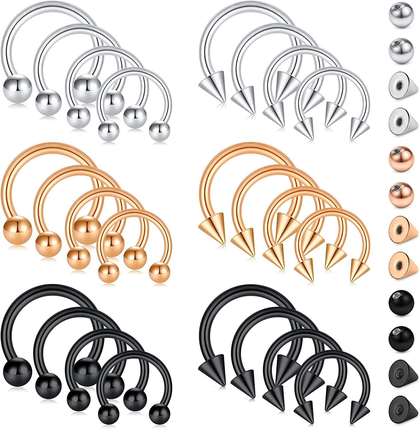 D.Bella 16G 14G Variety of Sizes Horseshoe Rings Surgical Steel Nose Septum Horseshoe Hoop Earring Eyebrow Tragus Lip Rings Daith Helix Piercing Jewelry for Women Men 6-12Mm Smily Piercing Jewelry Apparel & Accessories > Jewelry > Rings D.Bella 14g, silver & rose gold & black  