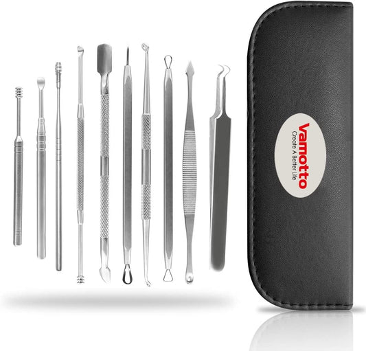 Vamotto Pimple Popper Tool Kit -10 Pcs Blackhead Remover Comedone Extractor Kit Blemish Remover for Acne Removal Kit for Whitehead Popping Zit Removing for Nose Face Tools with a Leather Bag Health & Beauty > Personal Care > Cosmetics > Cosmetic Tools > Skin Care Tools Boolink   