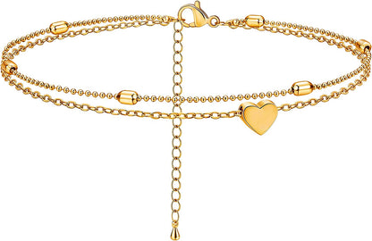 Kyerlyn Dainty Simple Chain Anklet for Women 18K Gold/Silver Plated Summer Beach Beaded Evil Eye Moon Figaro Butterfly Satellite Cuban Pearl Flat Marina Anklet Gift Apparel & Accessories > Jewelry > Anklets Kyerlyn Heart Bead- Gold  