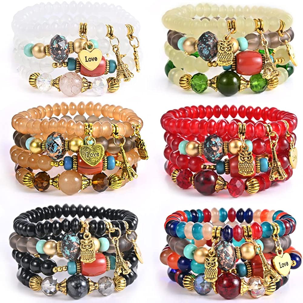 Bohemian Bracelet Sets for Women - 6 Sets Stackable Stretch Bracelets Multi-Color Boho Jewelry for Women Hippie Bracelets Dainty Jewelry Best Friend Gift Apparel & Accessories > Jewelry > Bracelets VONRU Owl charm stretch bracelet set  
