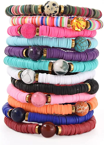 HYHONEY 12Pcs/Set Heishi Bracelet Surfer Bracelets for Women Stackable Clay Beaded Stretch Bracelets Elastic Layering Bracelets Boho Summer Beach Bracelets Jewelry Apparel & Accessories > Jewelry > Bracelets HYHONEY C  