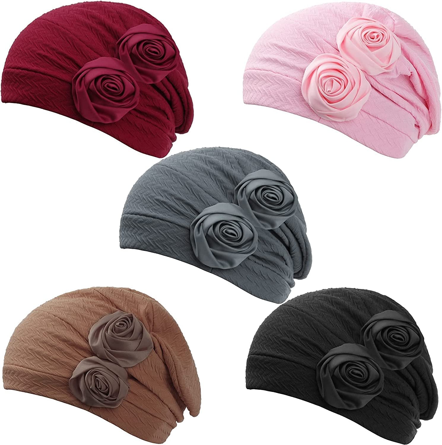 HONENNA Chemo Caps Headwear for Women Turbans Beanies Flowers Hats Headwrap for Cancer Patient Hair Loss Apparel & Accessories > Clothing Accessories > Headwear HONENNA Roses:5 Pack[black+gray+brown+wine+pink]  