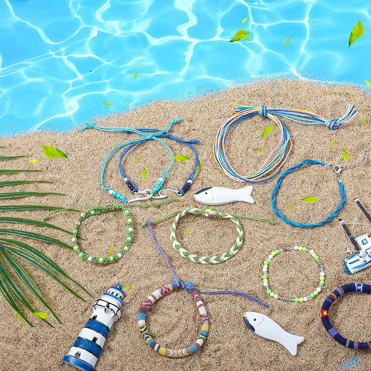 Henoyso 57 Pieces Surfer Strand Wave Bracelet Braided Stretch Friendship Woven Rope Bracelets Adjustable Waterproof Handmade Wax Wrap Bracelet Anklet for Girls Women Apparel & Accessories > Jewelry > Bracelets Henoyso   