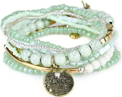 Mengpa Stackable Beaded Bracelets for Women Girls Bohemian Layering Strand Statement Jewelry Apparel & Accessories > Jewelry > Bracelets MengPa Green-Love-Disc  