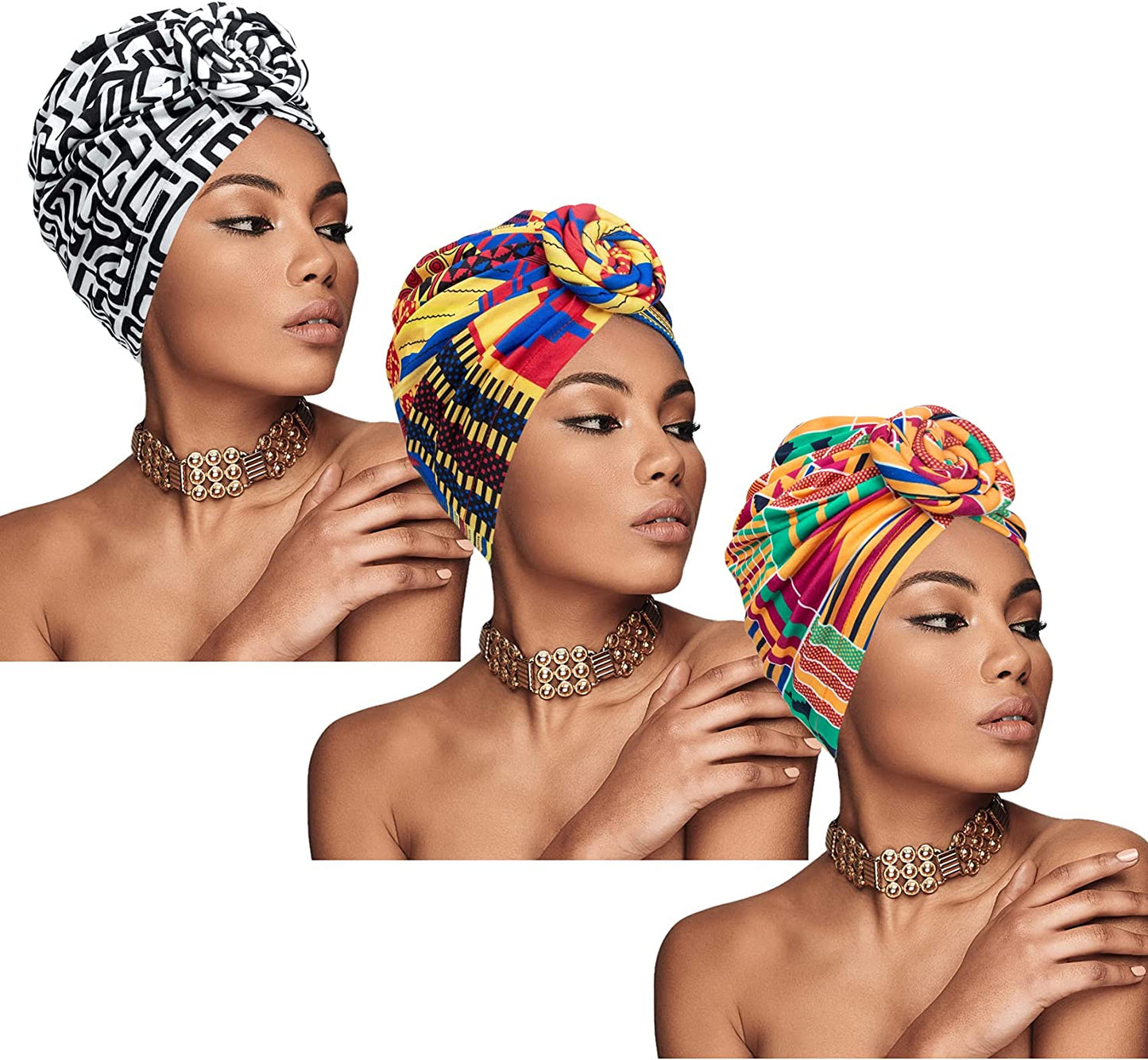 Chalier African Head Wrap for Women Knot Pre-Tied Fashion Turbans Head Wraps Beanie Hat Apparel & Accessories > Clothing Accessories > Bandanas & Headties Chalier Black Orange Pink Geometry  