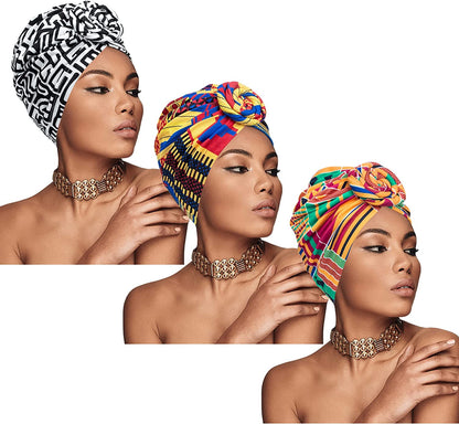 Chalier African Head Wrap for Women Knot Pre-Tied Fashion Turbans Head Wraps Beanie Hat Apparel & Accessories > Clothing Accessories > Bandanas & Headties Chalier Black Orange Pink Geometry  