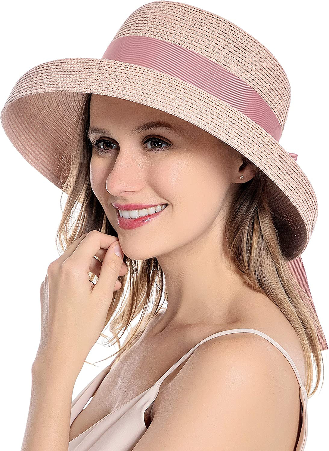 Muryobao Womens Sun Straw Hat Summer UV Protection Travel Foldable Brim Bucket Hat Vintage Cloche Beach Fishing Cap Apparel & Accessories > Clothing Accessories > Hats Muryobao Pink  