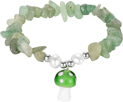 Ladies Natural Stone Pearl Mushroom Pendant Bracelet Chakra Crystal Bracelet Elastic String Bow Earrings (B, One Size) Apparel & Accessories > Jewelry > Bracelets Generic B One Size 