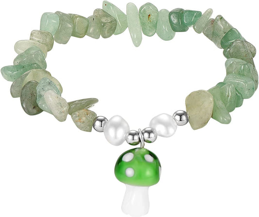 Ladies Natural Stone Pearl Mushroom Pendant Bracelet Chakra Crystal Bracelet Elastic String Bow Earrings (B, One Size) Apparel & Accessories > Jewelry > Bracelets Generic B One Size 