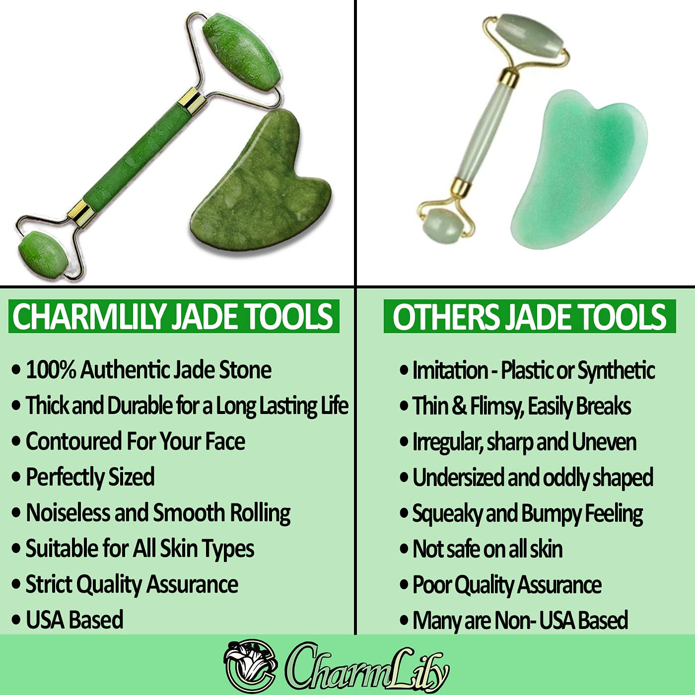 Jade & Ice Roller + Gua Sha Massager Tool Set for Face & Eyes by Charmlily, Puffiness, Reduce Wrinkle Aging, Migraine, Pain Relief on Neck & Body, Cold Facial Original Natural Stone - 3 in 1 Health & Beauty > Personal Care > Cosmetics > Cosmetic Tools > Skin Care Tools CHARMLILY   