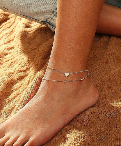 Tasiso 14K Gold Plated Layered Satellite Beads Heart Anklets Layering Rhinestone Cubic Zirconia Ankle Bracelets for Women Minimalist Summer Beach Foot Chain Ankle Jewelry Gifts Apparel & Accessories > Jewelry > Anklets Tasiso   