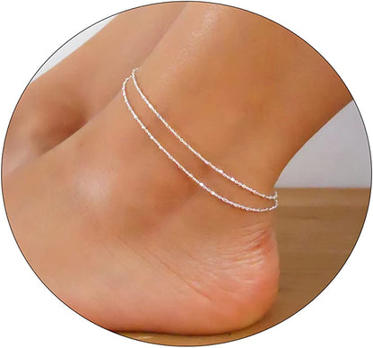 Kyerlyn Dainty Simple Chain Anklet for Women 18K Gold/Silver Plated Summer Beach Beaded Evil Eye Moon Figaro Butterfly Satellite Cuban Pearl Flat Marina Anklet Gift Apparel & Accessories > Jewelry > Anklets Kyerlyn square dot-SL  