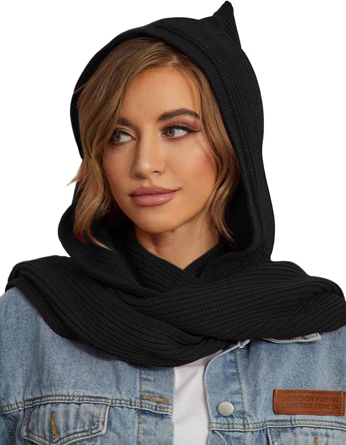 Women Winter Knitted Hooded Long Scarf Warm Shawl Wrap Head Scarves Apparel & Accessories > Clothing Accessories > Scarves & Shawls Zilcremo Black  