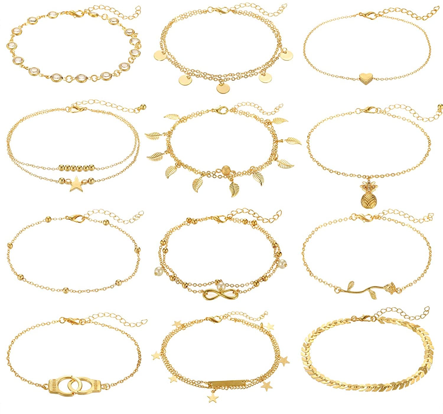 FUNEIA 12/16Pcs Anklets for Women Silver Gold Ankle Bracelets Set Boho Layered Beach Adjustable Chain Anklet Foot Jewelry Apparel & Accessories > Jewelry > Anklets Anlsen A:12Pcs Gold  
