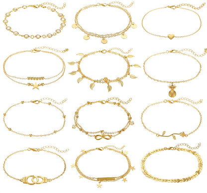 FUNEIA 12/16Pcs Anklets for Women Silver Gold Ankle Bracelets Set Boho Layered Beach Adjustable Chain Anklet Foot Jewelry Apparel & Accessories > Jewelry > Anklets Anlsen A:12Pcs Gold  