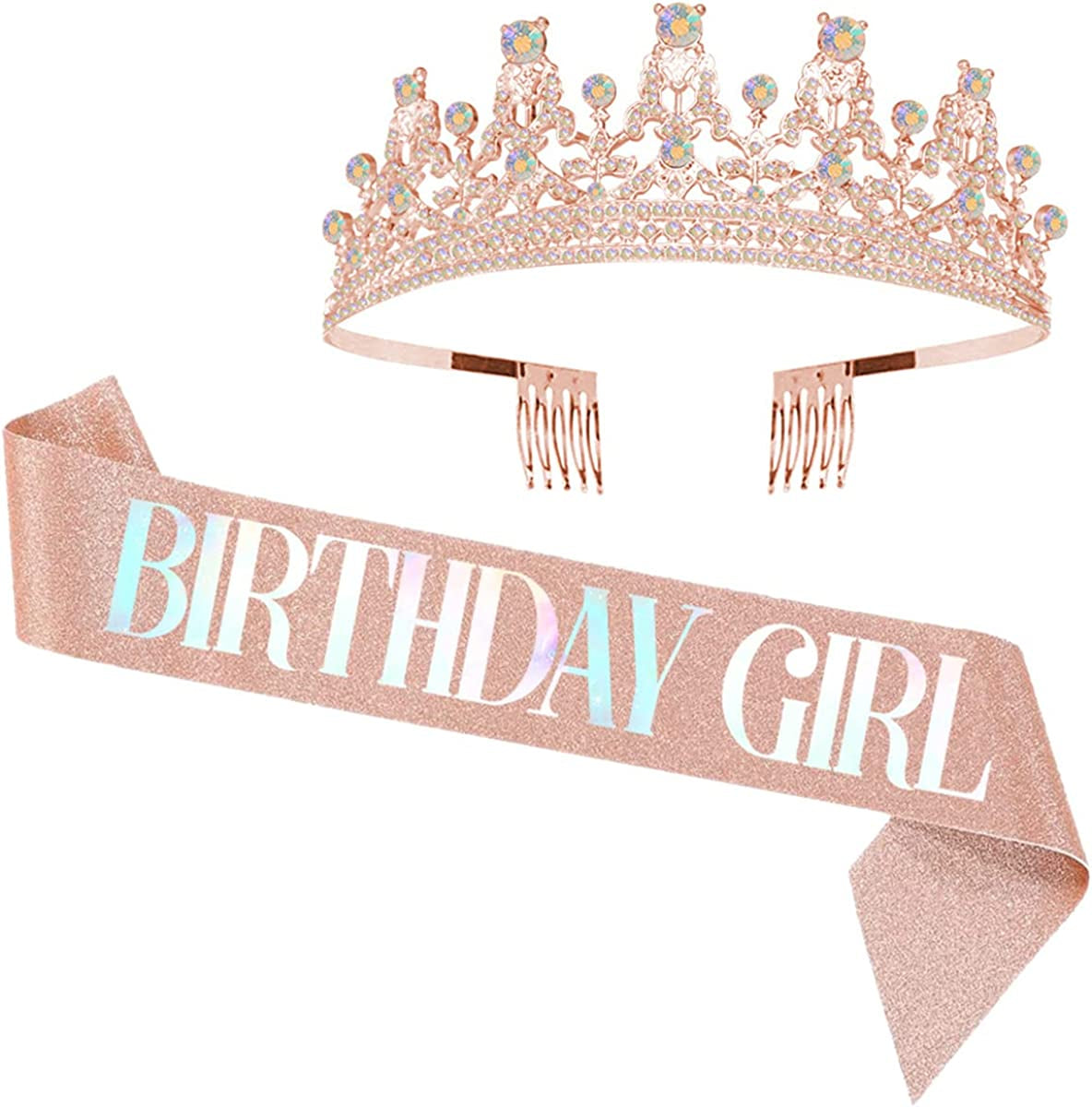 Birthday Girl Tiara and Sash - Birthday Girl Satin Sash Crystal Tiara Birthday Crown Birthday Party Supplies and Decoration Apparel & Accessories > Clothing Accessories > Sashes LATFZ New,birthday Girl,rose Pink  