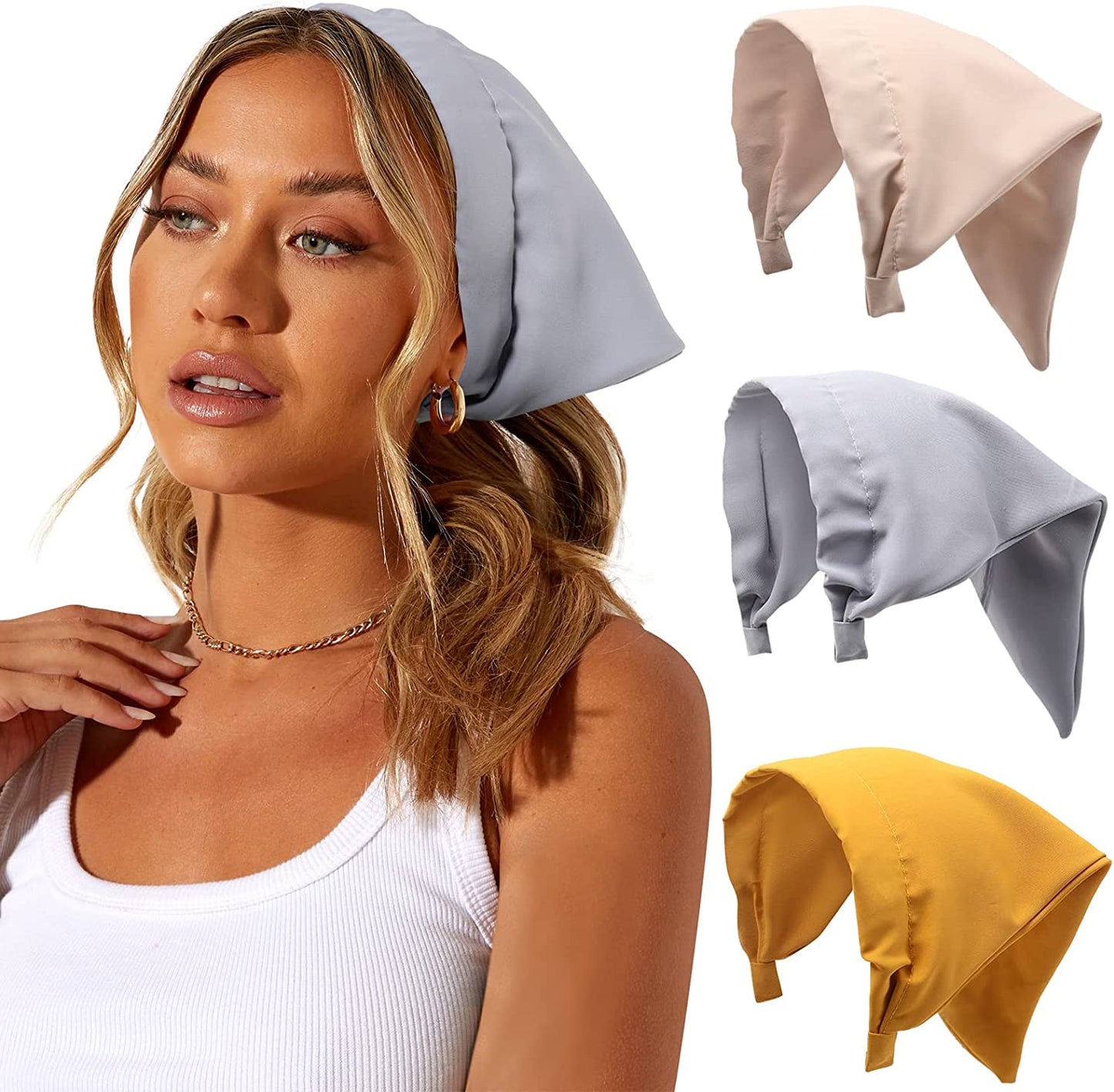 Floral Elastic Hair Scarf Headband - 3 PCS Chiffon Head Kerchief Headband Floral Hair Scarves with Hair Clips Hair Bandanas Apparel & Accessories > Clothing Accessories > Bandanas & Headties AWAYTR Solid Color (Blue-grey/Pink-grey/Yellow)  