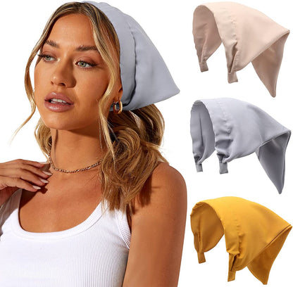 Floral Elastic Hair Scarf Headband - 3 PCS Chiffon Head Kerchief Headband Floral Hair Scarves with Hair Clips Hair Bandanas Apparel & Accessories > Clothing Accessories > Bandanas & Headties AWAYTR Solid Color (Blue-grey/Pink-grey/Yellow)  