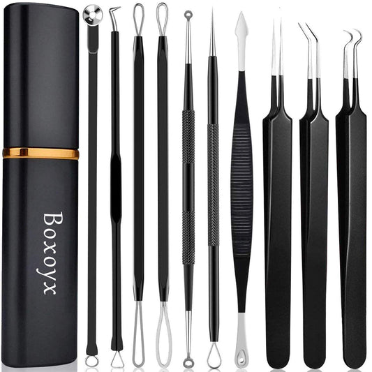Pimple Popper Tool Kit - Boxoyx 10 Pcs Blackhead Remover Comedone Extractor Kit with Metal Case for Quick and Easy Removal of Pimples, Blackheads, Zit Removing, Forehead,Facial and Nose（Black) Health & Beauty > Personal Care > Cosmetics > Cosmetic Tools > Skin Care Tools Boxoyx   