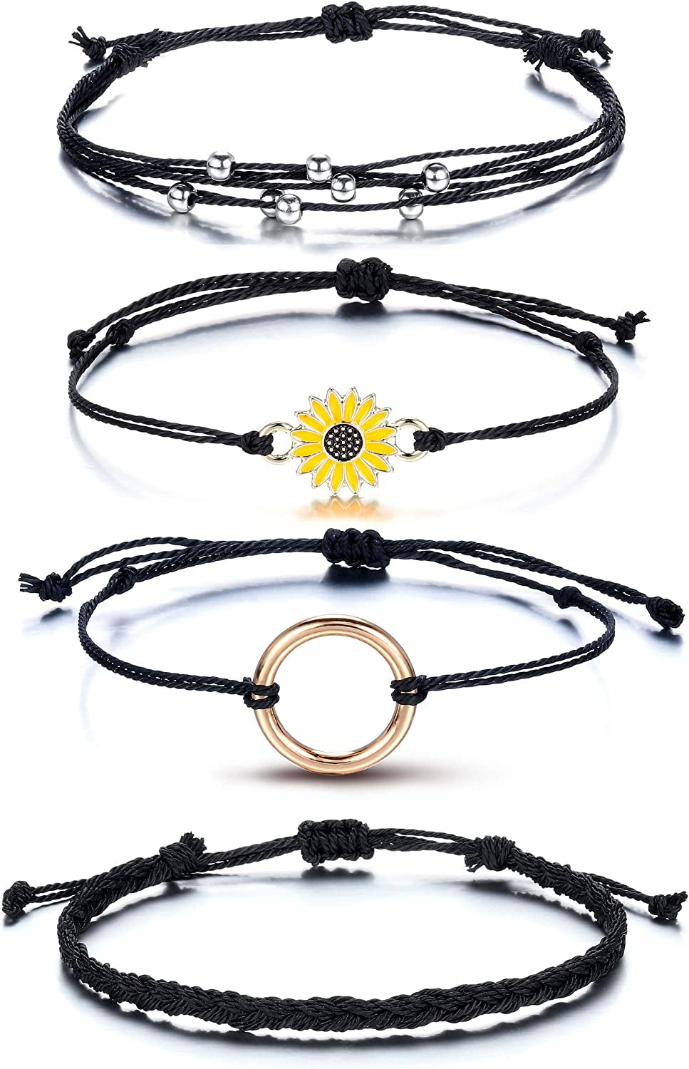 Top Plaza 4 Pcs Summer Surfer Wave Anklet Bracelets for Women Adjustable Strand Braided String Rope Bracelets Sunflower Friendship Bracelets Ocean Beach Jewelry for Women Teen Girls Apparel & Accessories > Jewelry > Anklets Top Plaza Black -4 Pcs  