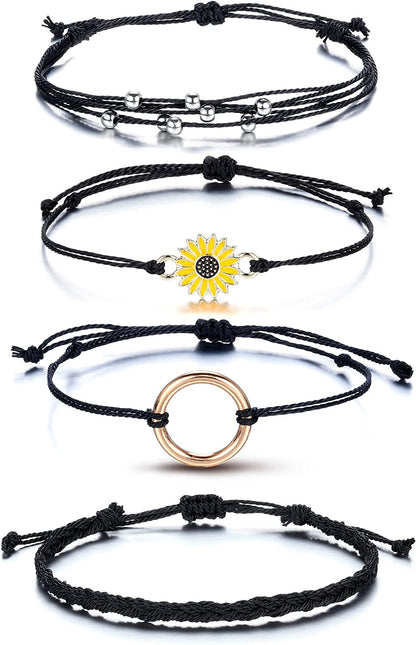 Top Plaza 4 Pcs Summer Surfer Wave Anklet Bracelets for Women Adjustable Strand Braided String Rope Bracelets Sunflower Friendship Bracelets Ocean Beach Jewelry for Women Teen Girls Apparel & Accessories > Jewelry > Anklets Top Plaza Black -4 Pcs  