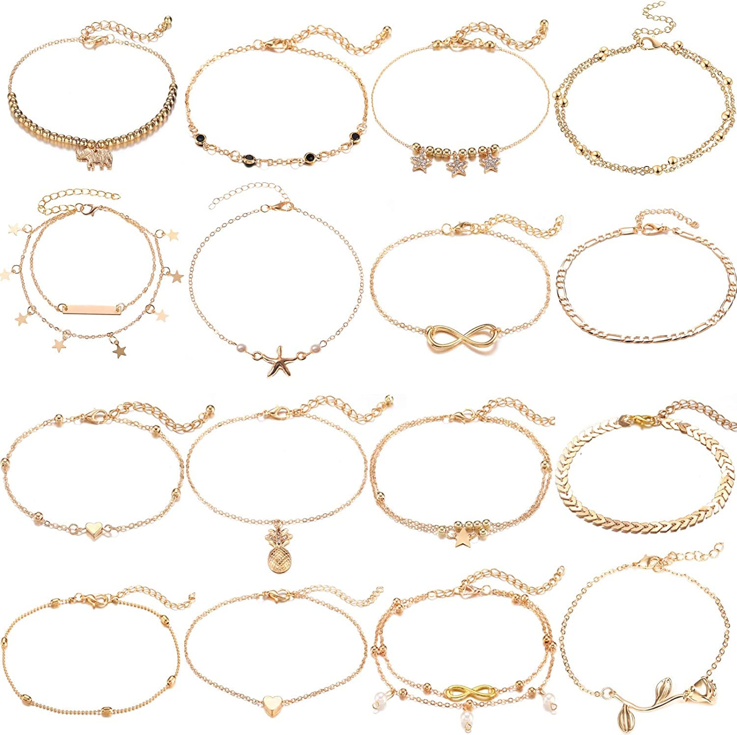 Starain 12Pcs Women'S Charm Anklet Set Gold Multilayer Adjustable Ankle Bracelets Boho Beach Foot Anklet for Women Girls Apparel & Accessories > Jewelry > Anklets Starain 16Pcs Gold Anklets  