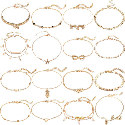 Starain 12Pcs Women'S Charm Anklet Set Gold Multilayer Adjustable Ankle Bracelets Boho Beach Foot Anklet for Women Girls Apparel & Accessories > Jewelry > Anklets Starain 16Pcs Gold Anklets  