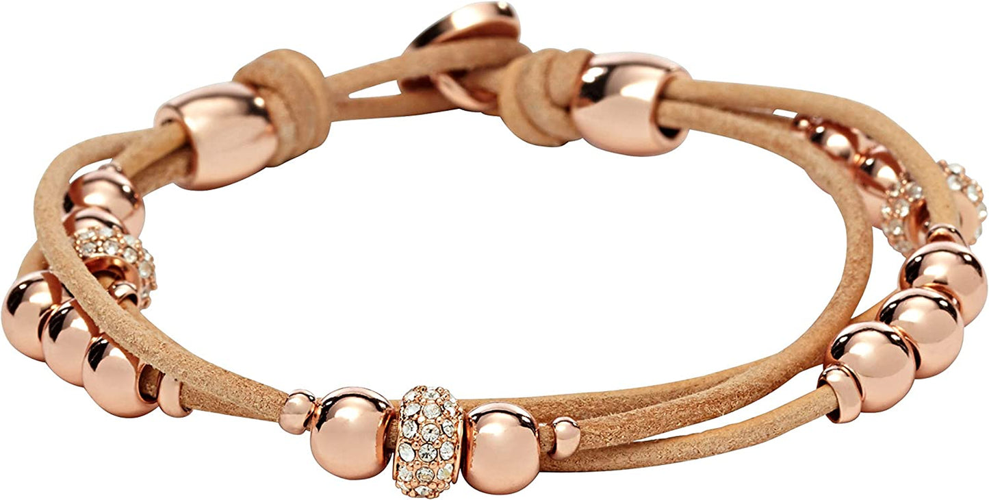 Fossil Women'S Stainless Steel and Genuine Leather Bracelet Apparel & Accessories > Jewelry > Bracelets Fossil Rose Gold Glitz/Tan  