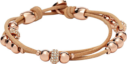 Fossil Women'S Stainless Steel and Genuine Leather Bracelet Apparel & Accessories > Jewelry > Bracelets Fossil Rose Gold Glitz/Tan  