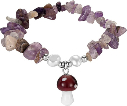 Ladies Natural Stone Pearl Mushroom Pendant Bracelet Chakra Crystal Bracelet Elastic String Bow Earrings (B, One Size) Apparel & Accessories > Jewelry > Bracelets Generic A One Size 