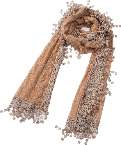 Cindy and Wendy Lightweight Soft Leaf Lace Fringes Scarf Shawl for Women Apparel & Accessories > Clothing Accessories > Scarves & Shawls Cindy and Wendy Brown Floral With Fringes  