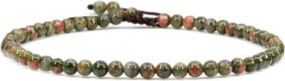 Keleny Natural Gemstone 4Mm round Bead Charm Stretch Anklet for Women Brown Rope Adjustable 8.6-11 Inch Apparel & Accessories > Jewelry > Anklets Kelenystones Green Unakite  