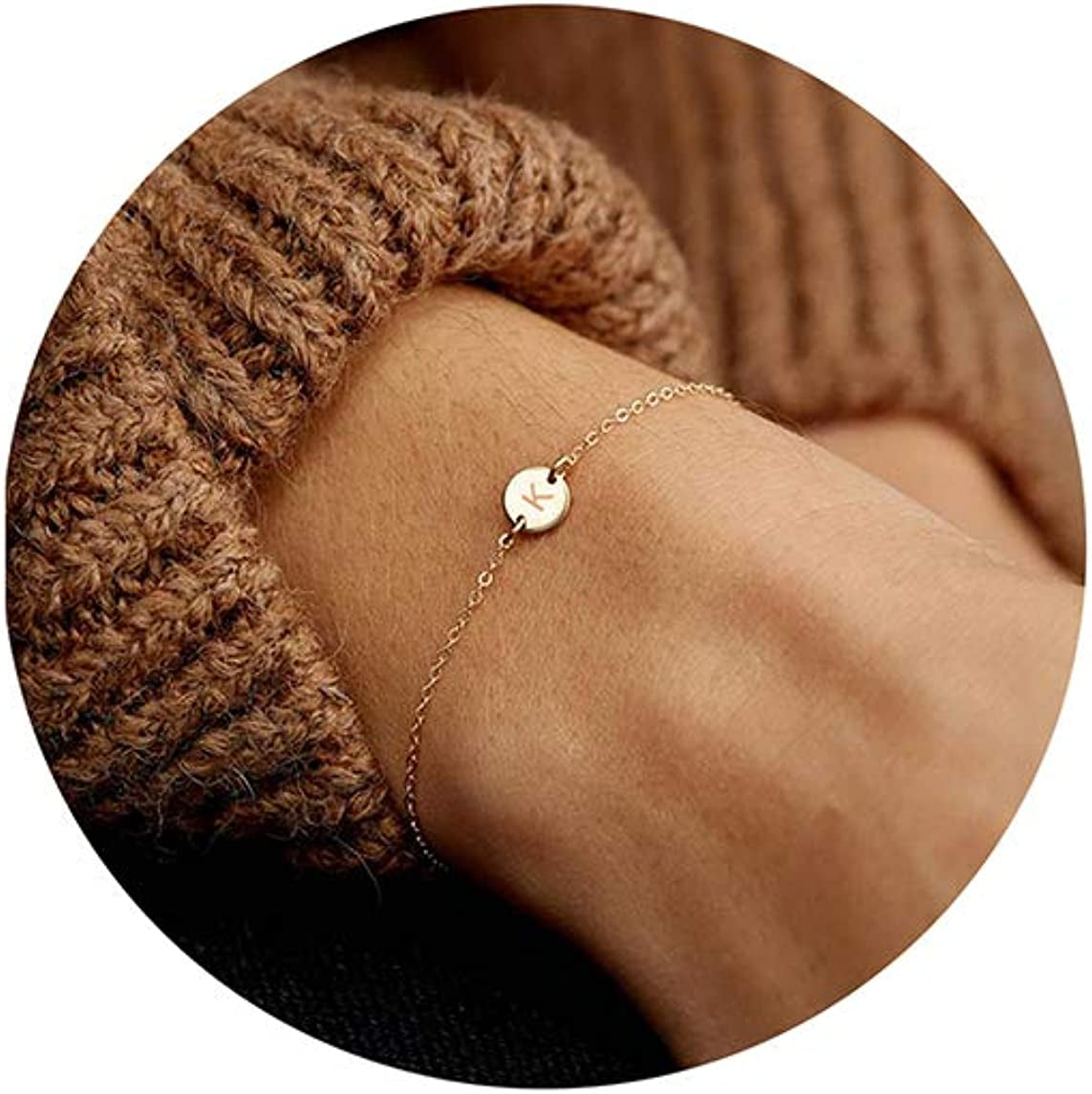 Glimmerst Personalized Initial Bracelet, 18K Gold Plated Stainless Steel Letter Bracelet Dainty Coin Charm Bracelet Delicate Disc Name Bracelet for Women Girls Apparel & Accessories > Jewelry > Bracelets Glimmerst K  